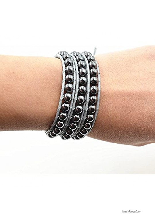 Hematite Beads Stone 3 Wrap Bracelets For Women Men Best Friend Beaded Cuff Bangle Genuine Leather