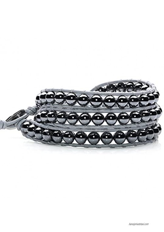 Hematite Beads Stone 3 Wrap Bracelets For Women Men Best Friend Beaded Cuff Bangle Genuine Leather