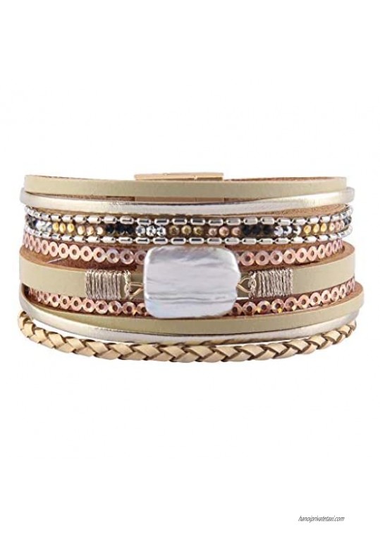 HUA JU Baroque Pearl Leather Cuff Bracelet Multi Strand Wrap Bracelets Magnetic Bohemian Bracelet chunky jewelry for women  Wife  Sister