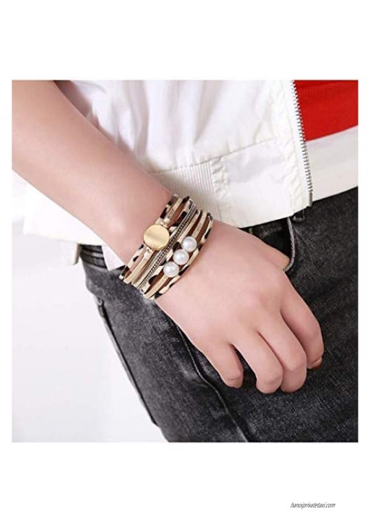 HUA JU Leopard Leather Wrap Bracelet Multilayer Bead Magnetic Clasp Bracelet for Women