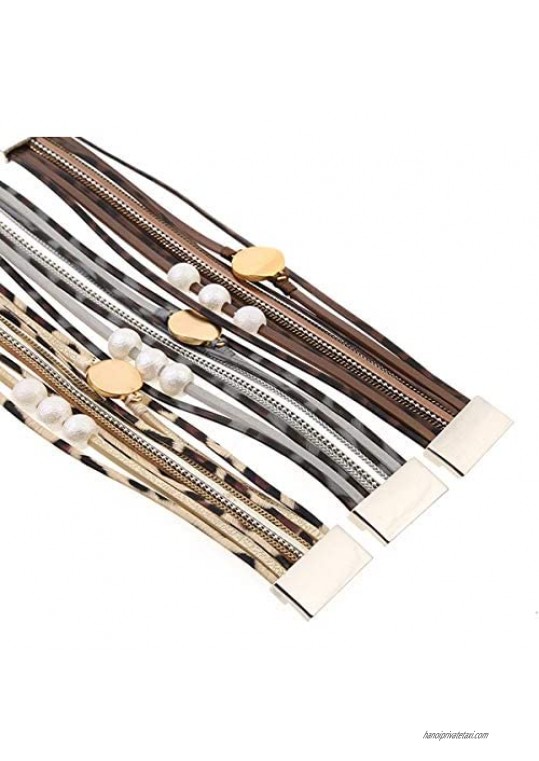 HUA JU Leopard Leather Wrap Bracelet Multilayer Bead Magnetic Clasp Bracelet for Women