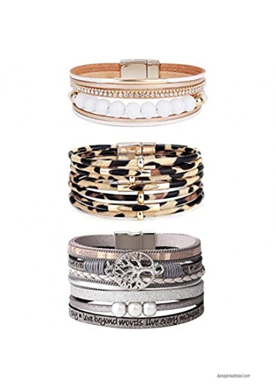 Jstyle 3Pcs Multilayered Leather Cuff Wrap Bracelet Set for Women Bohemian Braided Bangle Pearl Tree of Life Leopard Leather Cuff Bracelet Jewelry Women Gifts