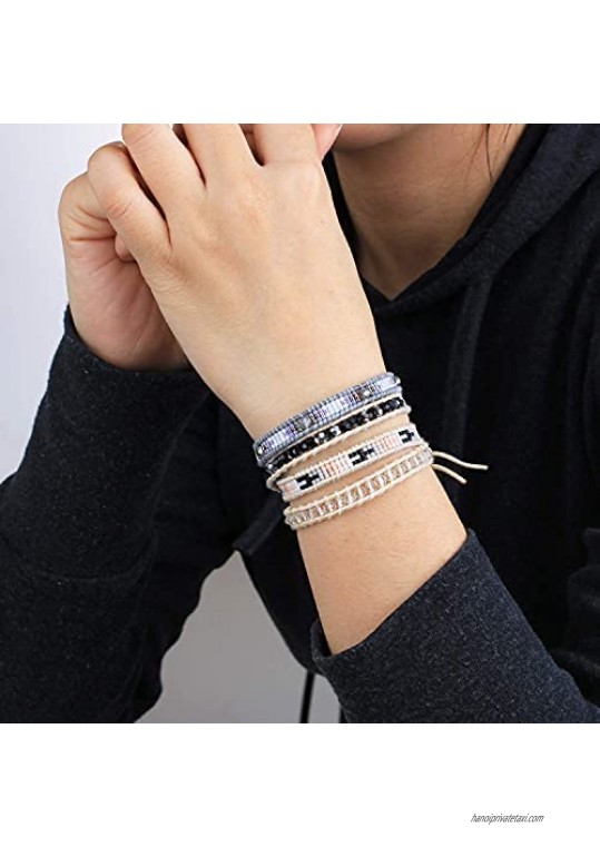 KELITCH Crystal Miyuki Beaded Stretch Friendship Bracelets Handmade Leather Wrap Bracelets for Womens