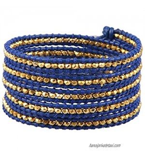 KELITCH Fashion Gold Beaded 5 Wrap Bracelets Fashion Handmade Blue Leather Bracelets