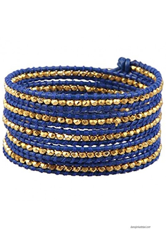 KELITCH Fashion Gold Beaded 5 Wrap Bracelets Fashion Handmade Blue Leather Bracelets