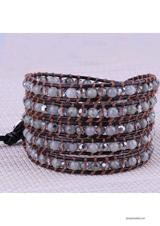 KELITCH Handmade Wrap Bracelet Created Labradorite Beaded Genuine Leather Bracelet Handmade Fashion (Labradorite)