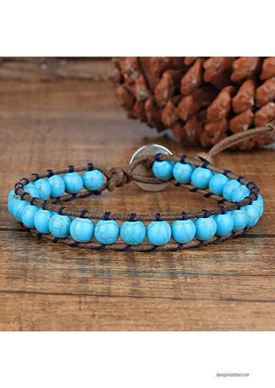 KELITCH Turquoise Crystal Mix Beaded Single Wrap Bracelet on Brown Leather Handwoven New Jewelry