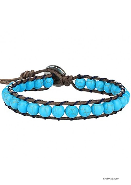 KELITCH Turquoise Crystal Mix Beaded Single Wrap Bracelet on Brown Leather Handwoven New Jewelry