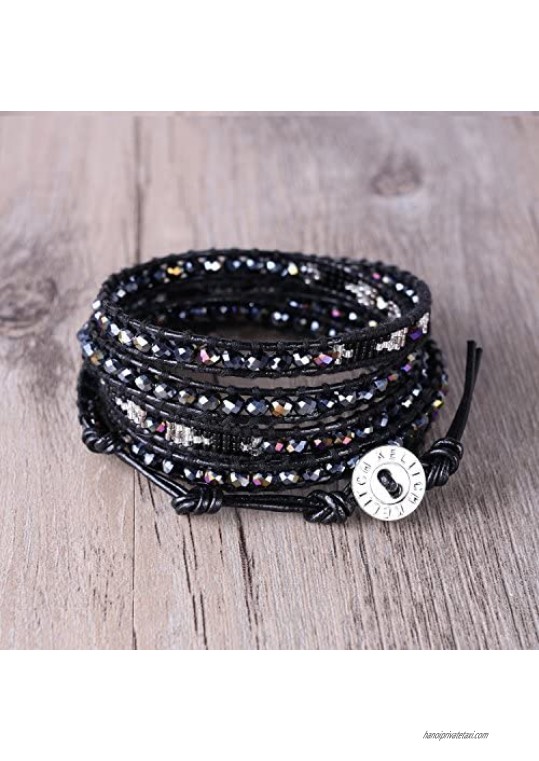 KELITCH Women Crystal Agate Mixed 5 Wrap Bracelet Handmade Miyuki Beads Leather Bracelets Bangles