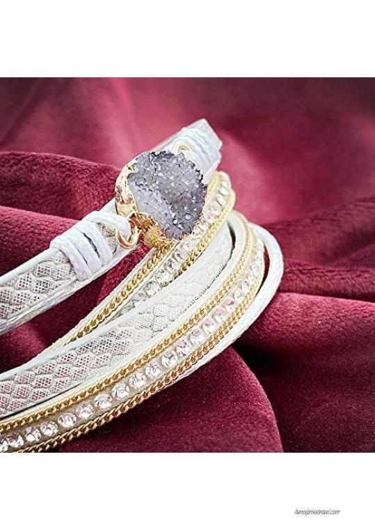 KouGeMou Fashion Bohemia Bracelet Silver Leather Bracelets Multi-Layer Artificial Crystal Handmade Magnetic Button Bracelet Jewelry Gift for Women