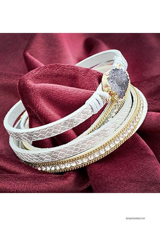 KouGeMou Fashion Bohemia Bracelet Silver Leather Bracelets Multi-Layer Artificial Crystal Handmade Magnetic Button Bracelet Jewelry Gift for Women
