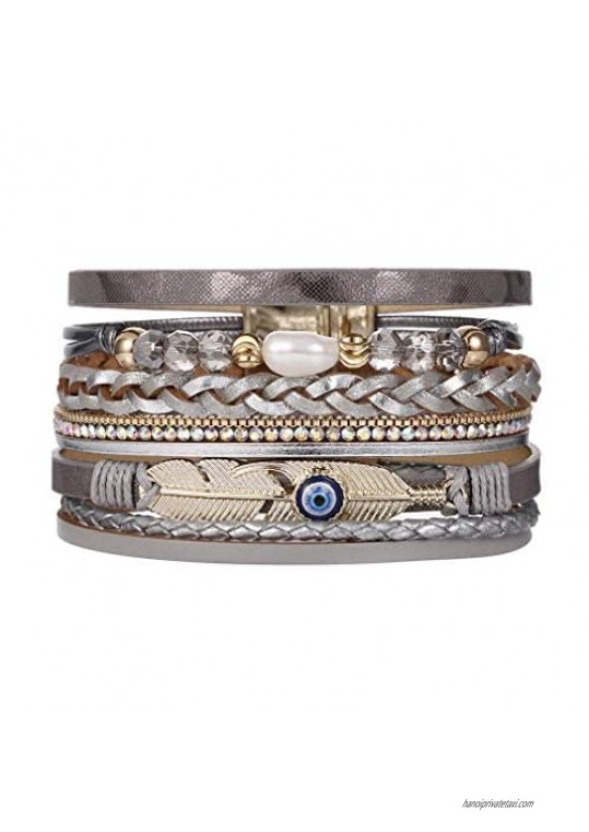 Leather Cuff Bracelets for Women - Charm eye Braid Wrap Bracelets pearl wristbands Casual braided Handmade magnetic bracelet Cuff Bangle