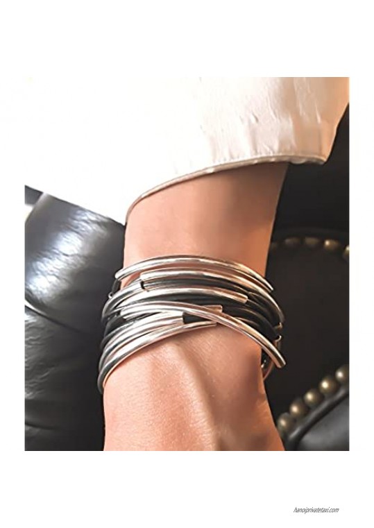 Lizzy Classic Natural Black Leather and Silver Wrap Bracelet Necklace