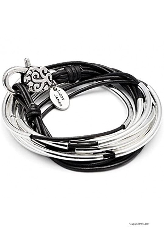 Lizzy Classic Natural Black Leather and Silver Wrap Bracelet Necklace