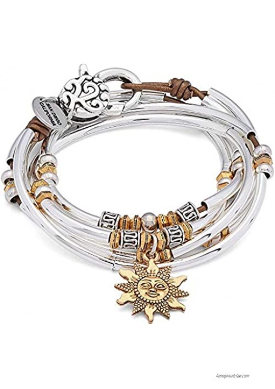 Lizzy James Emory Silver Wrap Bracelet Necklace with Silver and Gold Beads Gold Sun Charm with Metallic Bronze Leather
