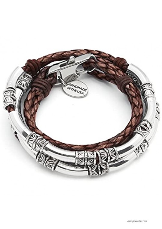 Lizzy James Mini Maxi Silver Plated Braided Leather Wrap Bracelet in Natural Mocha Leather