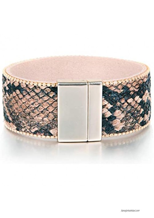 Lynnaneo Leather Wrap Bracelet Boho Cuff Bracelets Stackable Bead Layer Bracelet with Magnetic Clasp Jewelry Gift Bracelet for Women