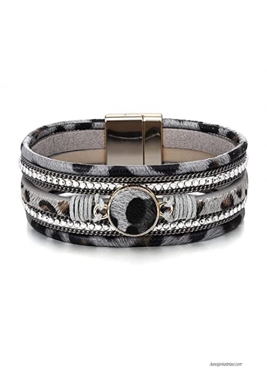 PLTGOOD Leather Wrap Bracelet for Women Boho Cuff Bracelet Handmade Leopard Bracelet Wristband with Magnetic Clasp