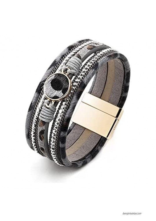 PLTGOOD Leather Wrap Bracelet for Women  Boho Cuff Bracelet  Handmade Leopard Bracelet Wristband with Magnetic Clasp