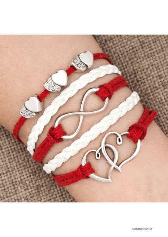 Q&Locket Infinity Double Heart Rope Wrap Wristband Leather Bracelet Handmade