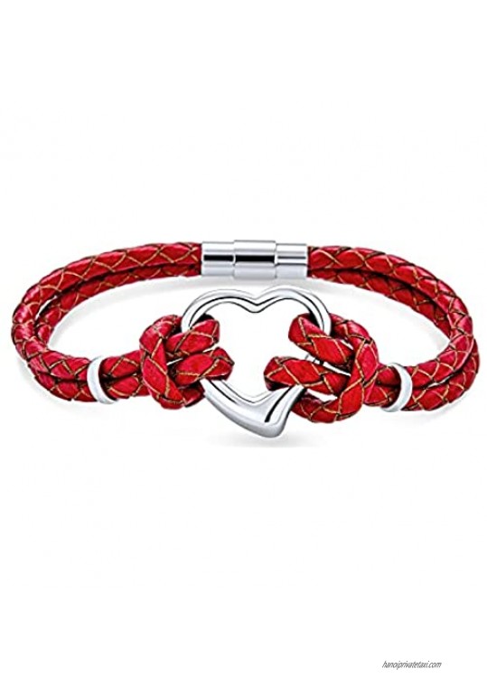 Red White Open Heart Woven Weave Thin Braided Cord Multi Strand Leather Bracelet For Women Girlfriend Silver Tone Steel