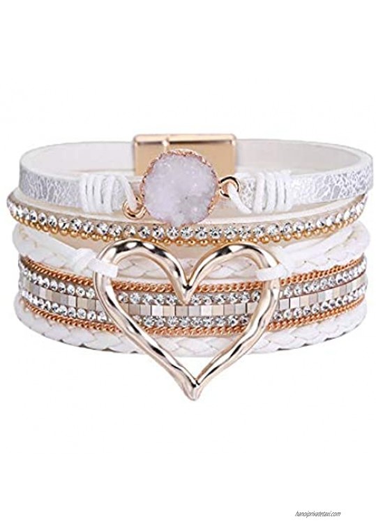 RENYILIN Women Wrap Bracelet Boho Multilayer Leather Bangle Wristband Heart Cuff Magnetic Clasp Jewelry Gift