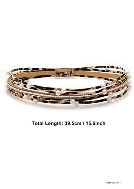 TASBERN Leopard Print Leather Wrap Bracelet for Women Pearl Studded Cuff Bracelets Multilayer Strands Magnetic Clasp Jewelry Gift for Teens Girls