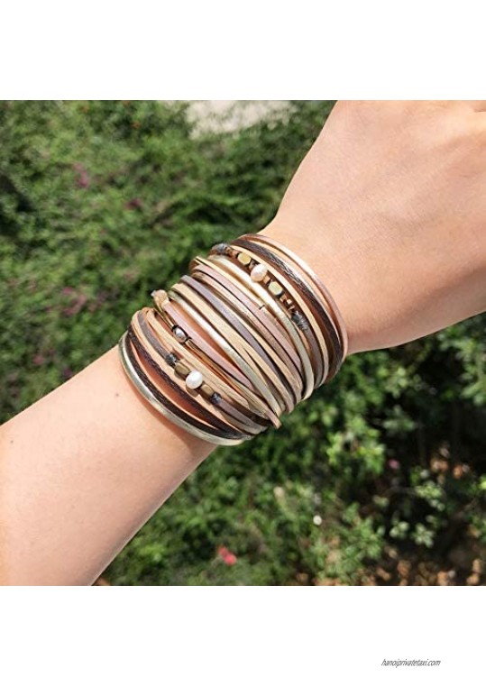 TASBERN Womens Leather Bracelet Crystal Metal Tube Wrap Bracelets Cuff Bangle with Magnetic Clasp for Girls