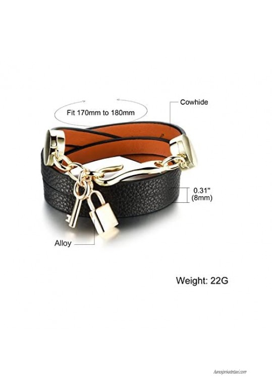 Tidoo Jewelry Women's Golden Mental Key&Lock Tassel Leather Wrap Bracelets (Black/Red/Pink) (Black)