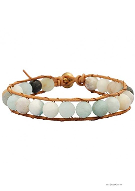 TUMBEELLUWA Stone Beads Bracelet Woven with Leather Cord Bohemian Style Healing Crystal Handmade Jewelry for Women Men