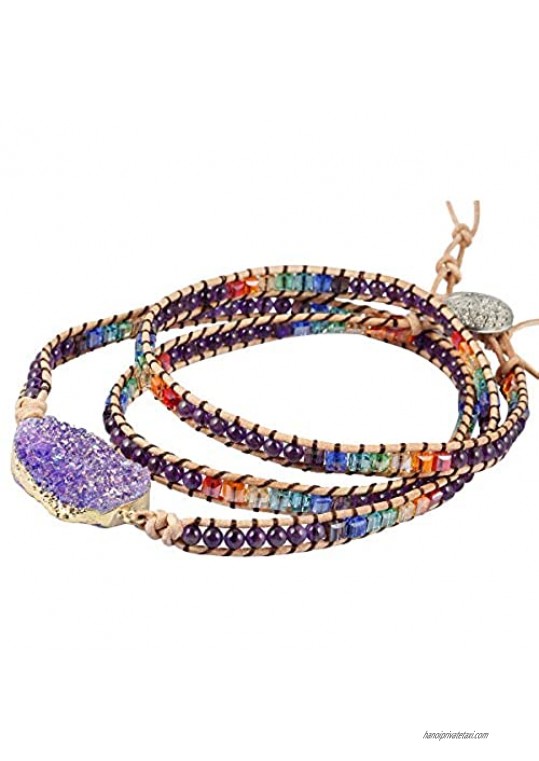 TUMBEELLUWA Wrap Bracelets Crystal Beaded Bohemian Style Druzy Leather Woven Healing Stone Jewelry for Women