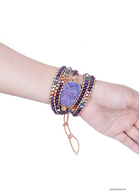 TUMBEELLUWA Wrap Bracelets Crystal Beaded Bohemian Style Druzy Leather Woven Healing Stone Jewelry for Women