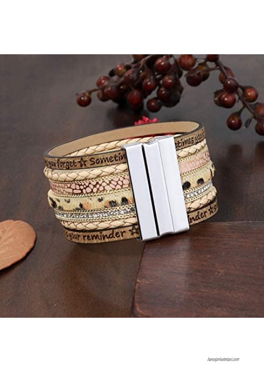 Wovanoo Leather Cuff Bracelet Inspirational Gift for Friend Multilayer Wrap Bracelets Magnetic Buckle Bracelet