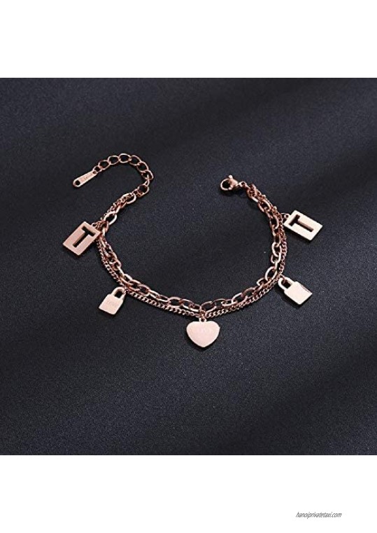 XIALV Lock & Heart Pendant Rose Gold Tone Adjustable Chain Bracelet Punk Multilayer Choker Statement Bracelet for Women