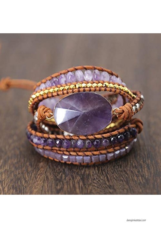 Yingan Gemstone Genuine Leather Wrap Bracelet for Women 5 Wraps Bracelet