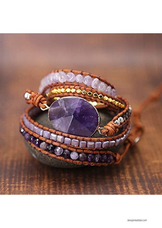 Yingan Gemstone Genuine Leather Wrap Bracelet for Women 5 Wraps Bracelet