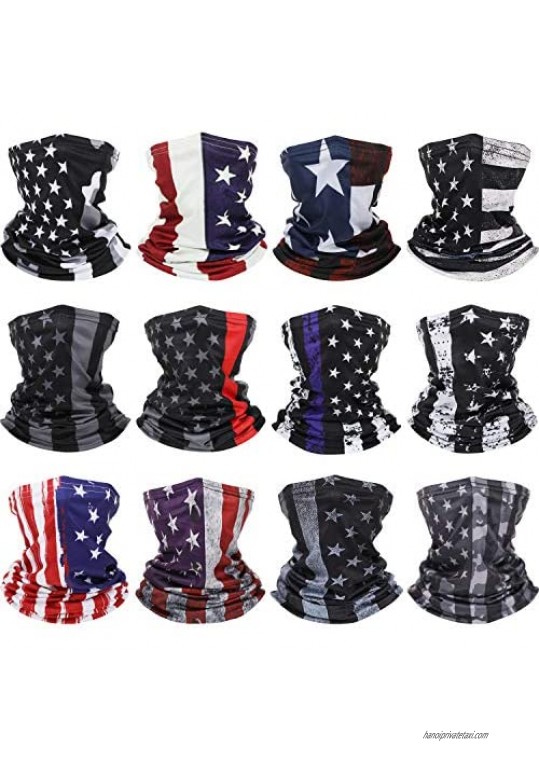 12 Pieces American Flag Face Covering Neck Gaiters US Flag Face Bandana Sun Wind Protection Balaclava Scarf for Summer and Winter  9.4 x 16.5 inch