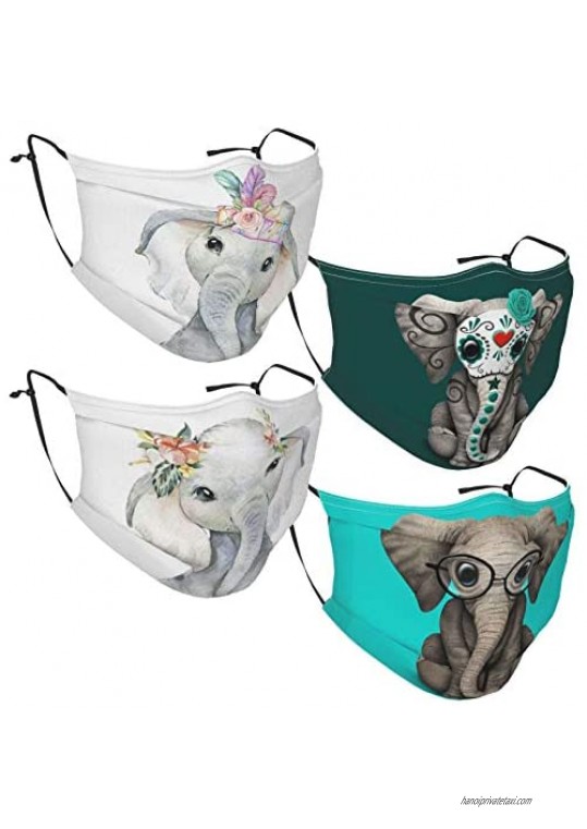 4 Pcs Cute Baby Elephant Wearing Garland Glasses Face Mask With Filter Pocket Reusable Washable Breathable Anti-Dust Wind Sun-Proof Fashion Balaclava For Adult