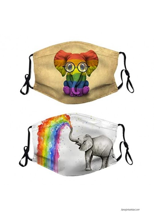 Baby Elephant with Glasses and Gay Pride Rainbow Flag Washable Face Mask with Filters Pocket Reusable Adjustable Balaclava Bandanas with Nose Bridge for Men Women Dust (2PCS)