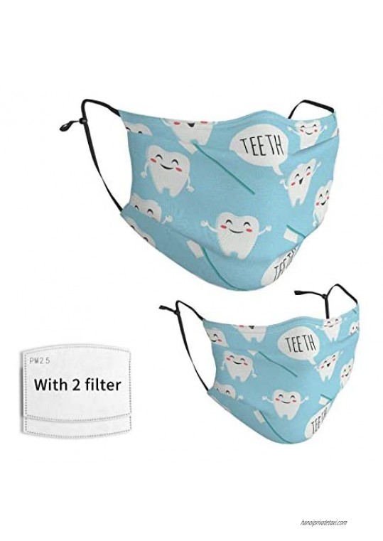 Cute Dentist Dental Hygienist Print Face Mask with 2 Pcs Filters Reusable and Washable Adjustable Elastic Earrings Soft and Breathable Kids Face Mask Balaclava for Older Children and Adults