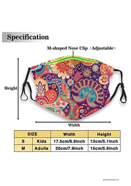 Windproof Activated Carbon msak Facial Decorations Bohemian Boho Mod Hippy Chic Flower Pattern Face Mask Reusable Washable Masks Cloth for Men and Women（2 Filter） Adult