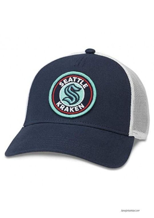 AMERICAN NEEDLE Seattle Kraken NHL Baseball Hat Structured Fit with Mesh Sides and Curved Brim Adjustable Snapback Trucker Dad Cap Valin Collection White/Navy (42962C-SEK-WHNV)