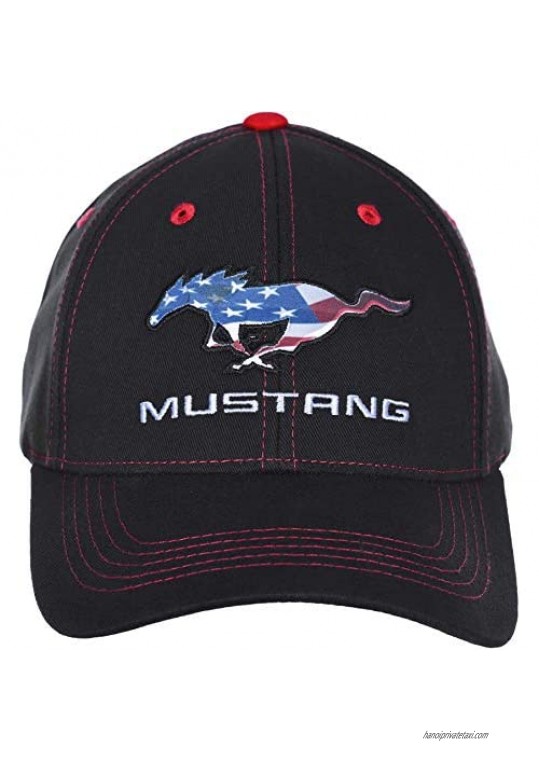 Checkered Flag Men's Ford Mustang Cap Tri-Bar Pony & Stars Adjustable Black Hat