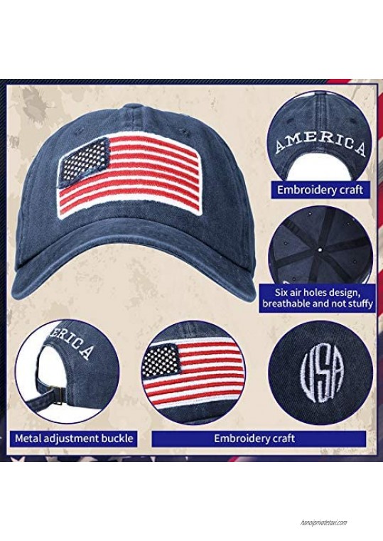 Haysandy 4 Pieces American Flag Embroidered Baseball Caps Adjustable USA Flag Washed Baseball Cap for Men Women