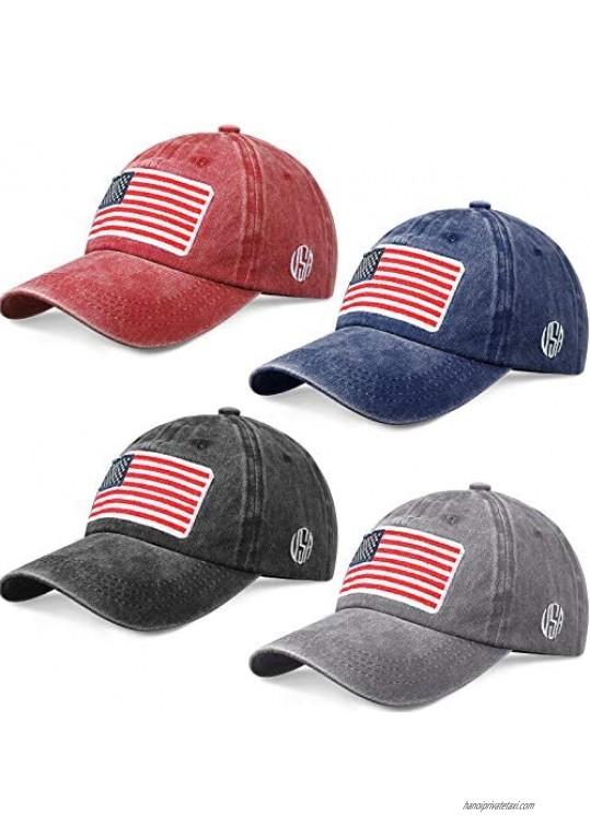 Haysandy 4 Pieces American Flag Embroidered Baseball Caps Adjustable USA Flag Washed Baseball Cap for Men Women