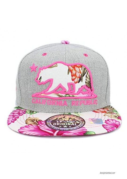 LAFSQ Embroidered California Republic Bear Hawaiian Flower Printed Snapback Hat