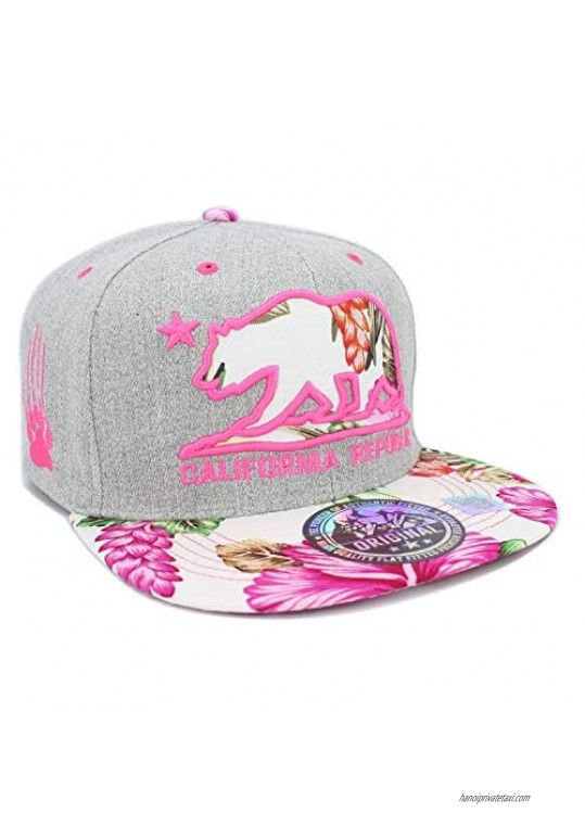 LAFSQ Embroidered California Republic Bear Hawaiian Flower Printed Snapback Hat