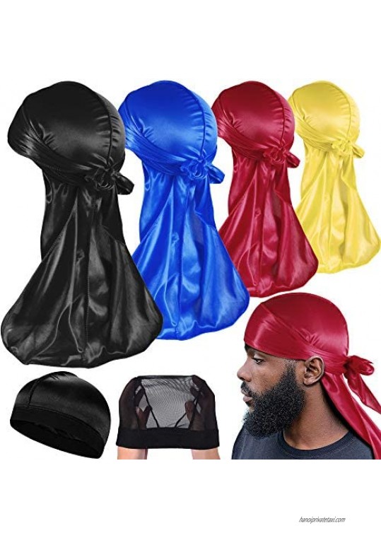 6 Packs Durags for Men Women Waves Silky Satin Doo Rag(4 Solid Color Durag 1 Wave Cap 1 Mesh Cap)