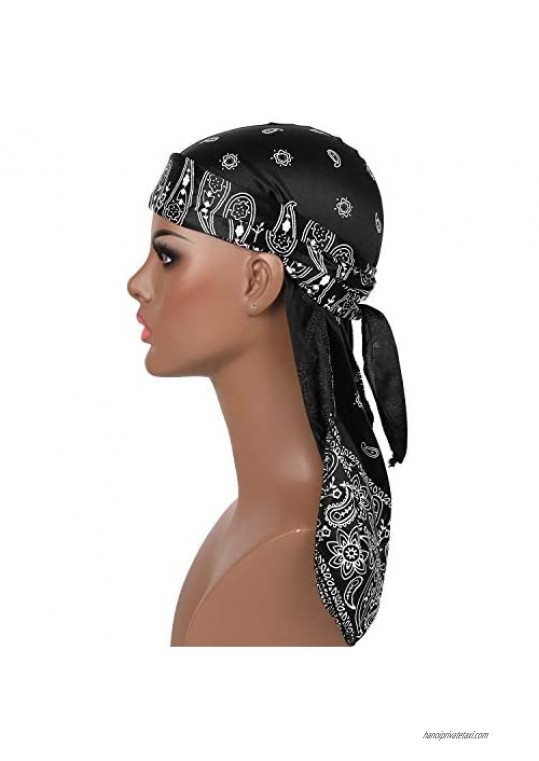 6 Pieces Extra Long Tail Wide Straps Silky Camouflage Paisley Durag for Men 360 Waves