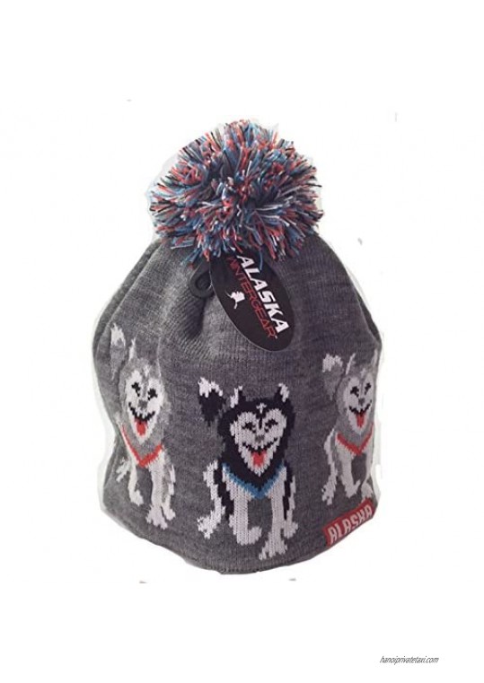 Alaska Beanie Hat Skull Sled Dogin Row Team Knit Stocking Hat Lined Pom Pom Grey